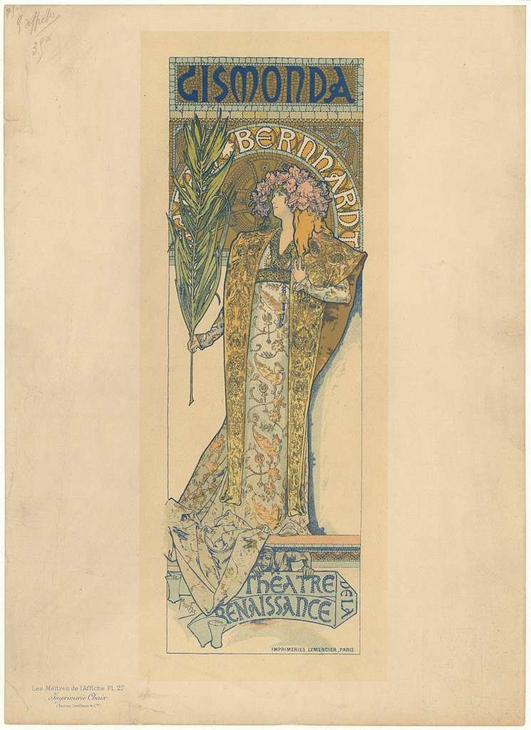 affiche de la première production de gismonda de victorien sardou, avec sarah bernhardt, au théâtre de la renaissance à paris.