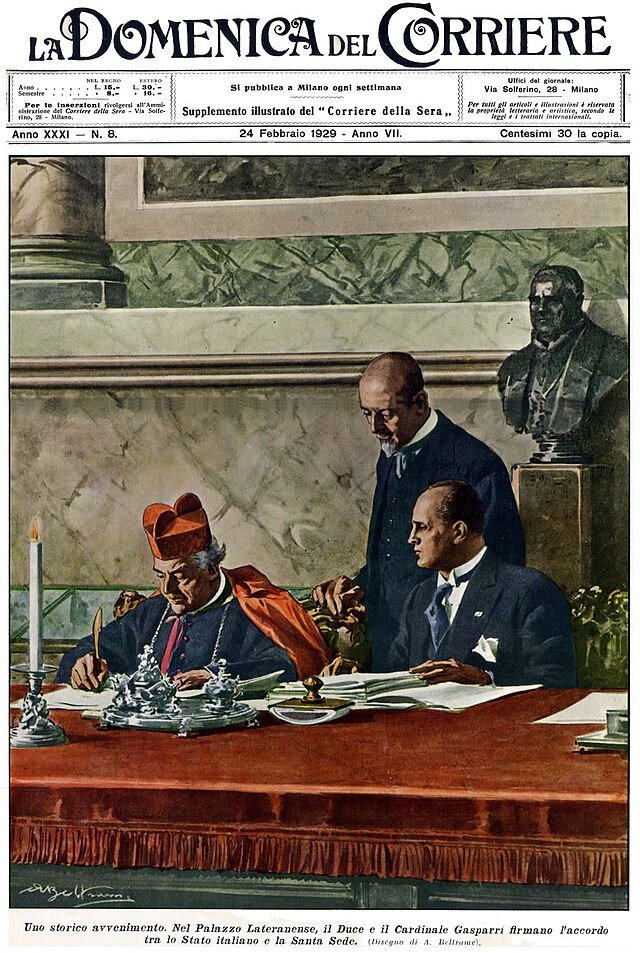 Couverture du journal "La Domenica del Corriere" au lendemain de la signature des accords de Latran, le 24 février 1929 - Achille Belltrame | Domaine public