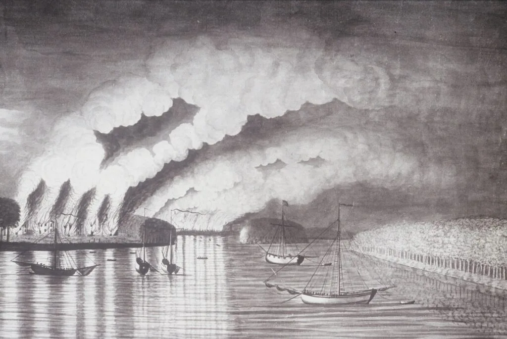 Vue du pillage et de l'incendie de la cité de Grimrose, la seule représentation contemporaine connue de la déportation des Acadiens - Thomas Davies, 1758 | Domaine public