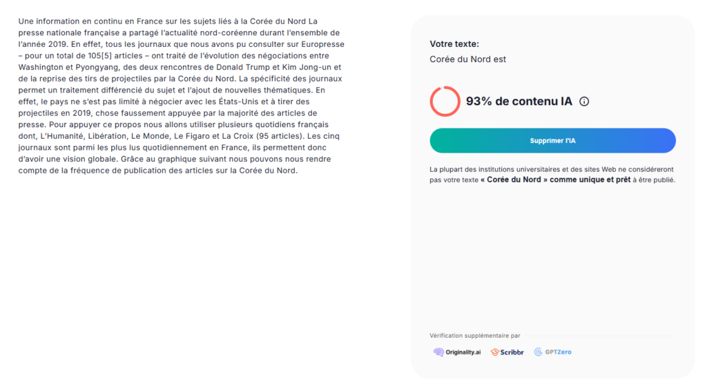Résultat d'une analyse de détection IA avec Justdone