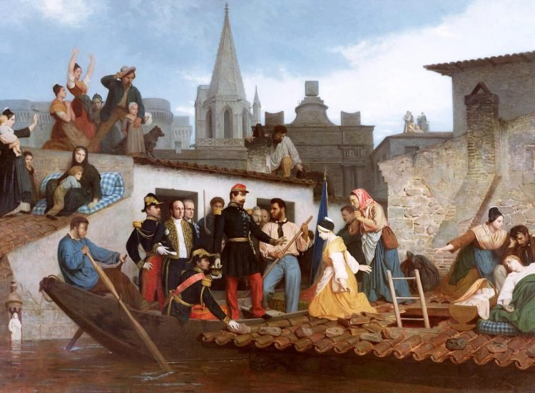 3 juin 1856. Napoléon III accompagné d’un ministre et de deux généraux, visitant en barque les sinistrés de Tarascon lors de l’inondation de mai-juin 1856 - William Bouguereau | Domaine public