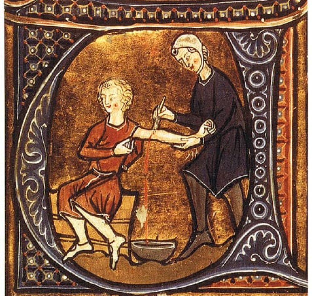 Enluminure représentant une saignée dans le Régime du corps d'Aldebrandin de Sienne, XIIIe siècle I Domaine public