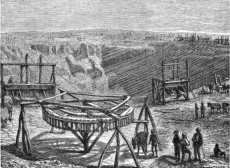 Un baritel (horse-whims) dans les mines diamantifères en 1881, extrait de l'oeuvre Seven years in South Africa - Unknown author | Domaine public