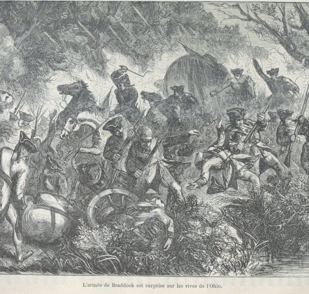 L'armée de Braddock attaquée par les Indiens et les Français en juillet 1755. Gravure française de la fin du XIXème siècle - BNF | Domaine Public