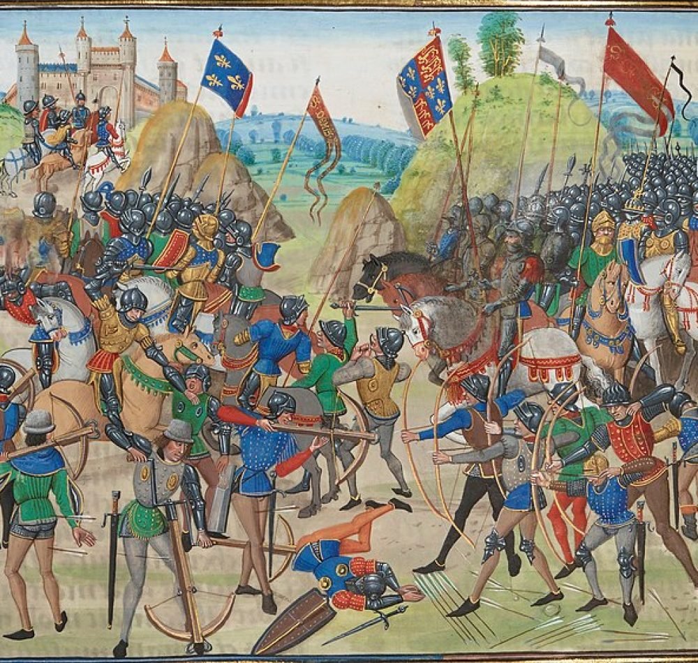 Enluminure de la bataille de Crécy, Chroniques, Jean Froissard, XVe siècle, conservé à la Bibliothèque Nationale de France.
