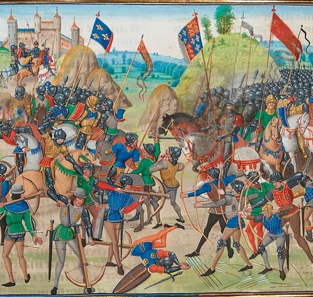 Enluminure de la bataille de Crécy, Chroniques, Jean Froissard, XVe siècle, conservé à la Bibliothèque Nationale de France.