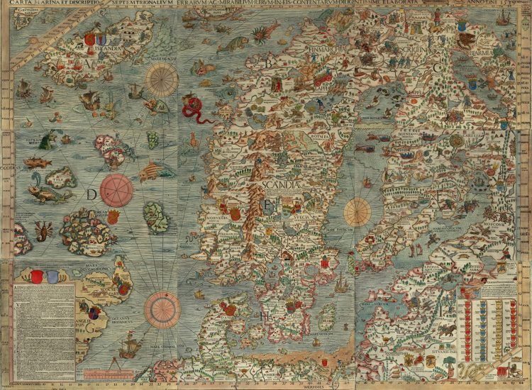 Carte marine et la description des terres septentrionales, de leurs merveilles, tracee avec diligence a Venise en l'an 1539 - Olaus Magnus | Domaine Public