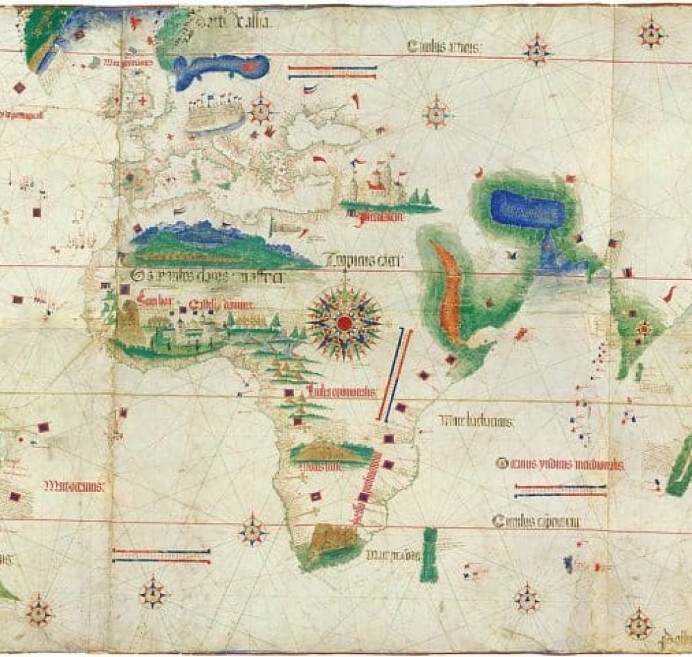 Carta da navigar per le Isole nouam tr [ovate] in le parte de l'India: dono Alberto Cantino al S. Duca Hercole. L’auteur est inconnu, mais certainement Portugais, la carte date de 1502 et mesure 2,18 mètres sur 1,02 mètres, aujourd’hui elle est disponible à la bibliothèque Estence, à Modène en Italie - Auteur inconnu | Domaine public