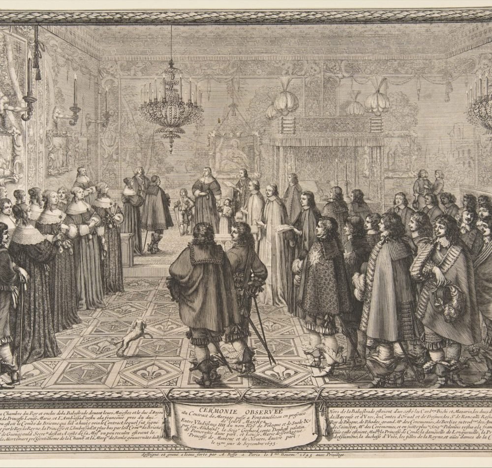 Cérémonie du contrat de mariage entre Władysław IV, roi de Pologne, et Marie Louise Gonzague, princesse de Mantoue, à Fontainebleau - Abraham Bosse | Domaine public