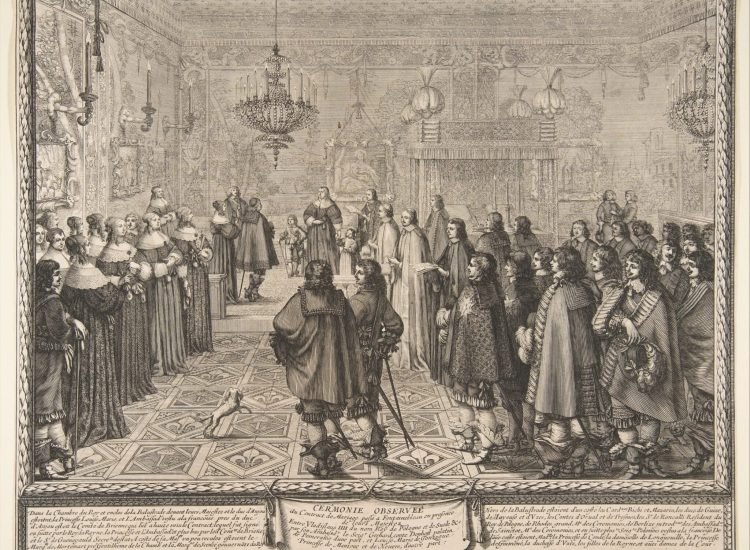 Cérémonie du contrat de mariage entre Władysław IV, roi de Pologne, et Marie Louise Gonzague, princesse de Mantoue, à Fontainebleau - Abraham Bosse | Domaine public