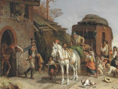 Changement de chevaux au relais de poste - Œuvre de Heinrich Bürkel | Domaine public