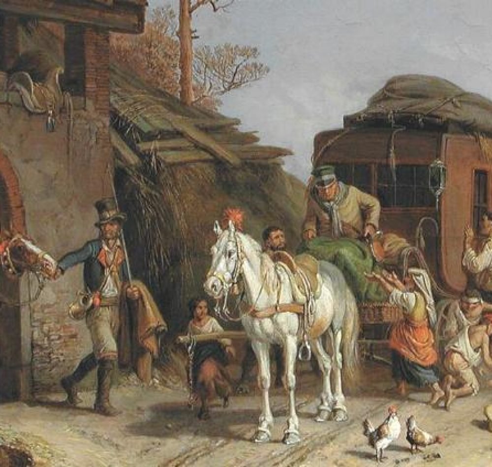 Changement de chevaux au relais de poste - Œuvre de Heinrich Bürkel | Domaine public