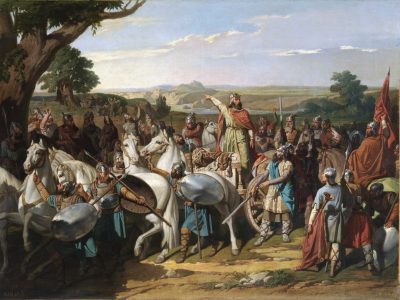 Le roi Don Rodrigo haranguant ses troupes à la bataille de Guadalete, huile sur toile, par Bernardo Blanco y Pérez (1871). Actuellement au Musée du Prado, Madrid (Espagne) - Bernardo Blanco y Pérez | Domaine public