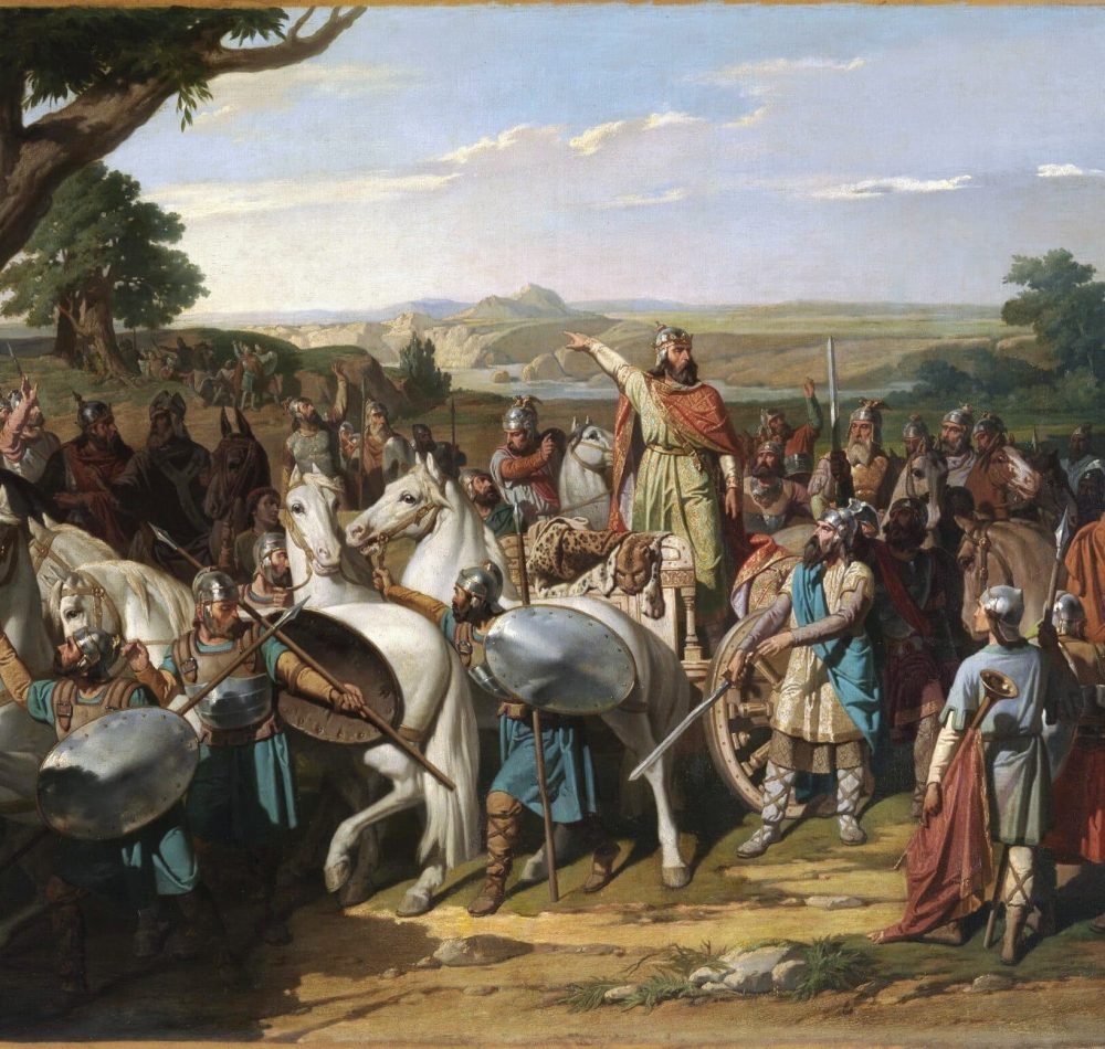 Le roi Don Rodrigo haranguant ses troupes à la bataille de Guadalete, huile sur toile, par Bernardo Blanco y Pérez (1871). Actuellement au Musée du Prado, Madrid (Espagne) - Bernardo Blanco y Pérez | Domaine public