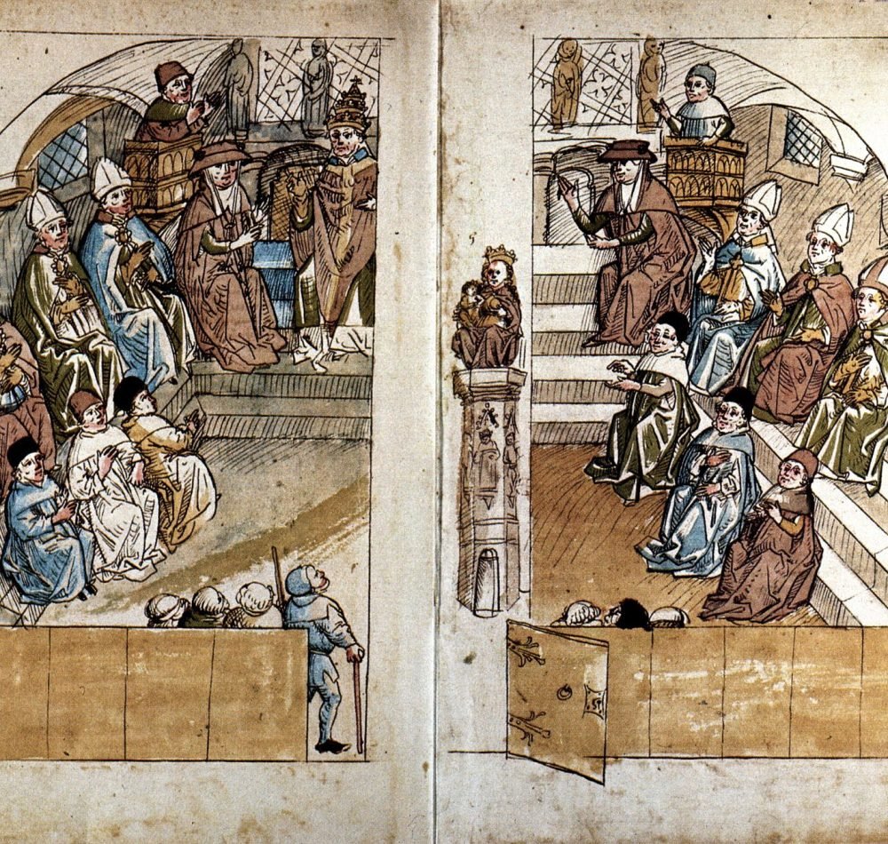 Les évêques débattant avec le pape de Pise Jean XXIII lors du concile de Constance, chronique des années 1460 I Domaine public