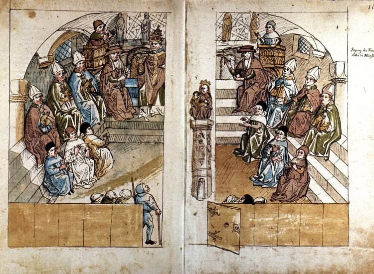 Les évêques débattant avec le pape de Pise Jean XXIII lors du concile de Constance, chronique des années 1460 I Domaine public