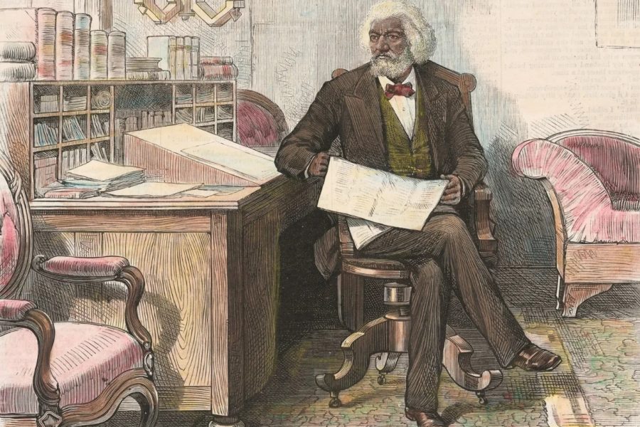 Frederick Douglass assis à son bureau, impression lithographique coloriée à la main tirée du journal illustré de Frank Leslie , 1879