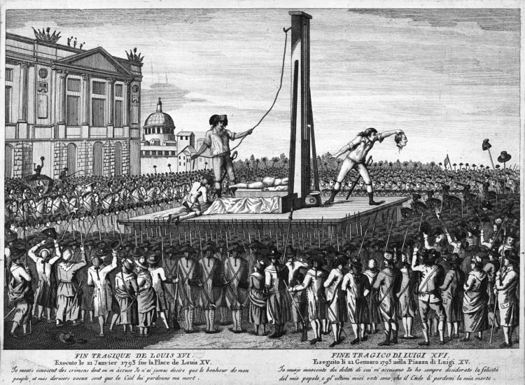 Fin tragique de Louis XVI exécuté le 21 janvier 1793 sur la place Louis XV, gravure, auteur anonyme, vers 1788-1798 | Domaine public