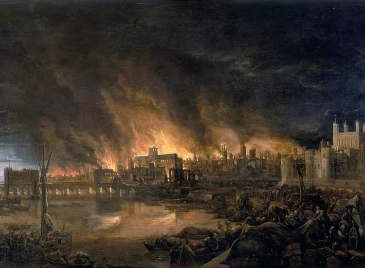 The Great Fire of London, représenté par un peintre inconnu en 1675 - Josepha Jane Battlehooke | Domaine public