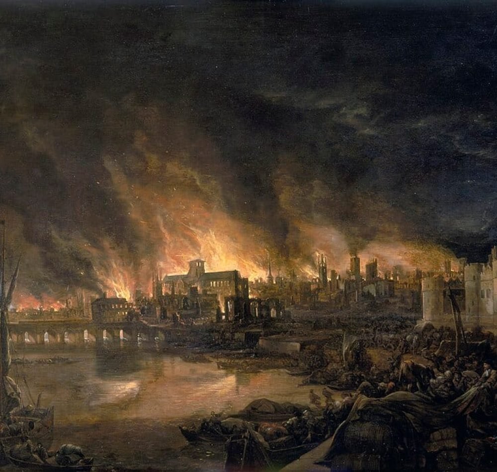 The Great Fire of London, représenté par un peintre inconnu en 1675 - Josepha Jane Battlehooke | Domaine public