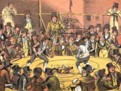 Illustration de Georges Cruikshank dans Life In Lodon représentant un combat de coqs dans les bas-fonds | Domaine public