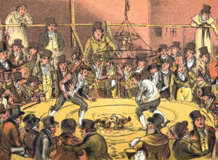 Illustration de Georges Cruikshank dans Life In Lodon représentant un combat de coqs dans les bas-fonds | Domaine public