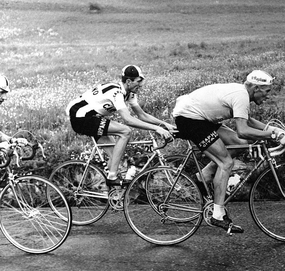 Jacques Anquetil, Italo Zilioli et Vittorio Adorni en plein effort lors du Giro 1964. Le Normand va remporter son second Tour d'Italie - Auteur inconnu | Domaine public