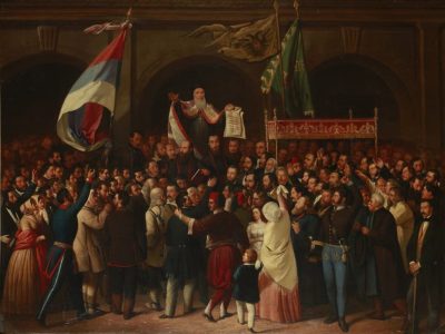 « L'Assemblée de mai » de Pavle Simić, proclamation de la Voïvodine de Serbie à Sremski Karlovci, en mai 1848, alors au sein de l'Autriche-Hongrie - Pavle Simić | Domaine public