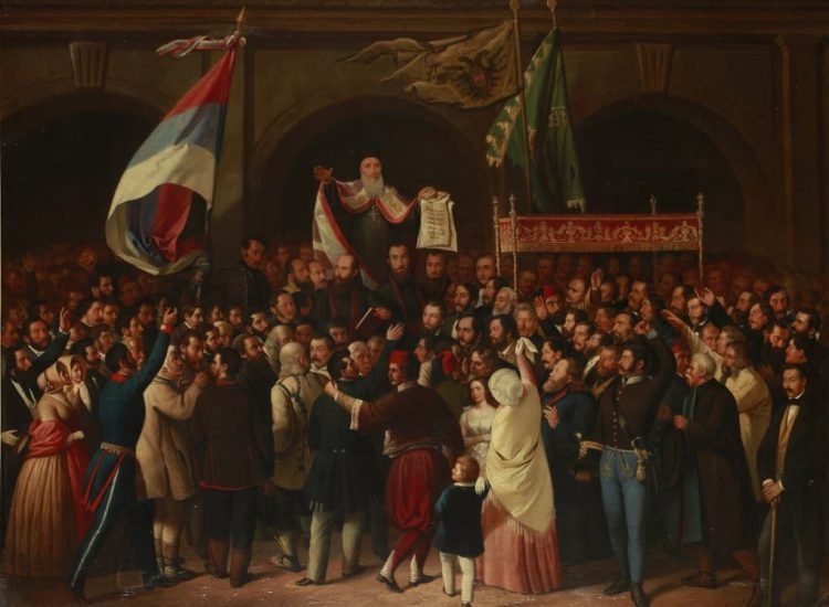 « L'Assemblée de mai » de Pavle Simić, proclamation de la Voïvodine de Serbie à Sremski Karlovci, en mai 1848, alors au sein de l'Autriche-Hongrie - Pavle Simić | Domaine public
