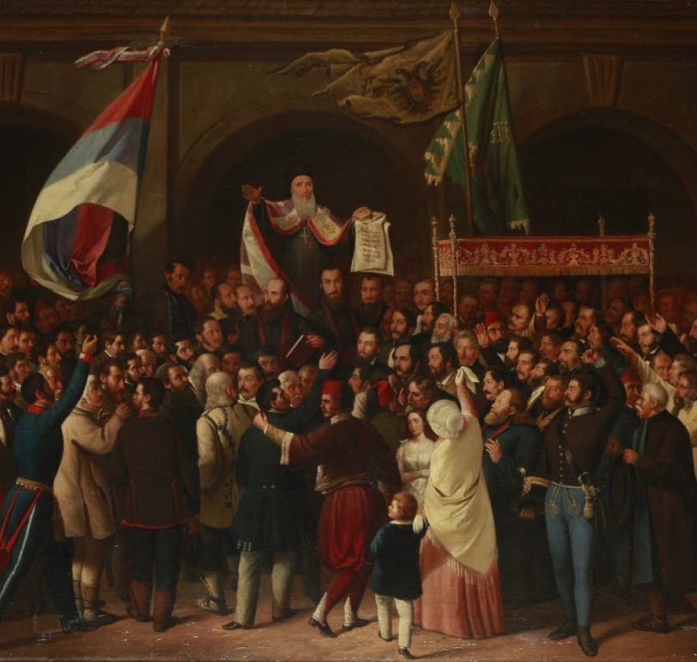 « L'Assemblée de mai » de Pavle Simić, proclamation de la Voïvodine de Serbie à Sremski Karlovci, en mai 1848, alors au sein de l'Autriche-Hongrie - Pavle Simić | Domaine public