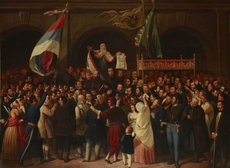 « L'Assemblée de mai » de Pavle Simić, proclamation de la Voïvodine de Serbie à Sremski Karlovci, en mai 1848, alors au sein de l'Autriche-Hongrie - Pavle Simić | Domaine public