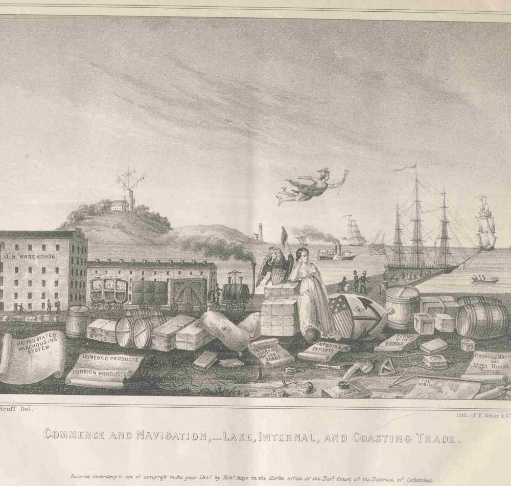 Lithographie introductive du rapport “A Synopsis of the Commercial and Revenue System of the United States”, 1847, E. Weber & Co. Balto. Inscriptions en pied de page : « J. G. Bruff, Del.” , “Lith. of E. Weber & Co. Balto. », “Commerce and Navigation, – Lake, Internal, and Coasting Trade.”, “Entered according to aist of congress in the year 1847 - Rob.t Mayo | Domaine public