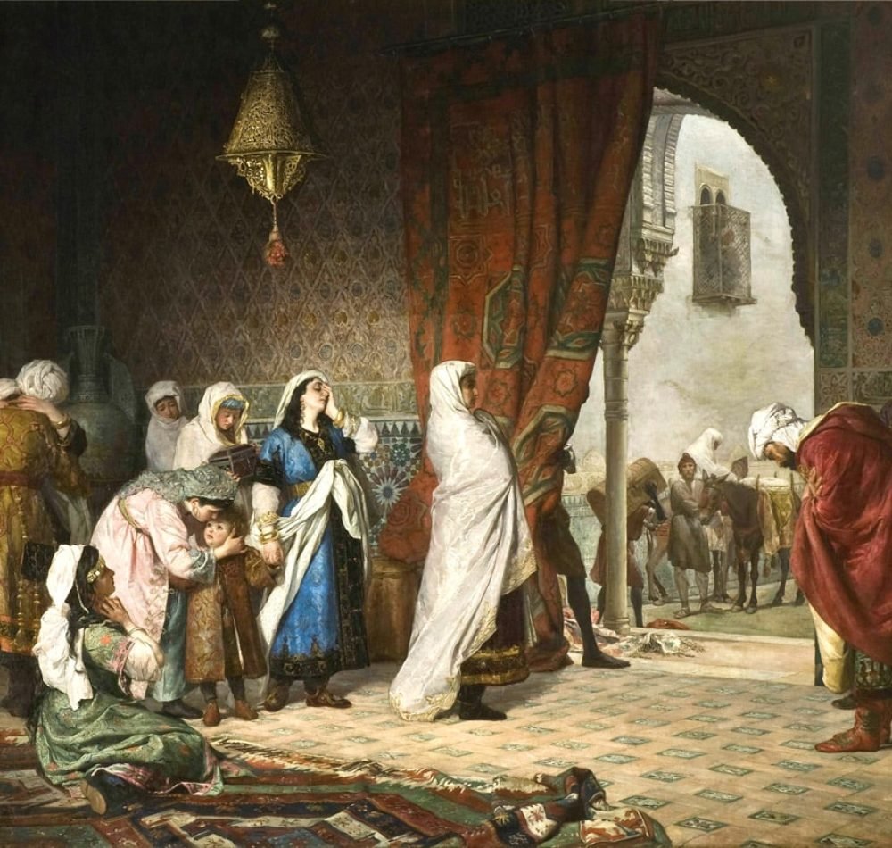 [Image d'illustration] Départ de la famille de Boabdil de l'Alhambra. L'œuvre représente le moment où Boadbil (1459-1533), le dernier roi musulman de Grenade, a quitté le palais de l'Alhambra avec sa famille après la prise de Grenade par les Rois Catholiques en 1492 - Manuel Gómez-Moreno González | Domaine public