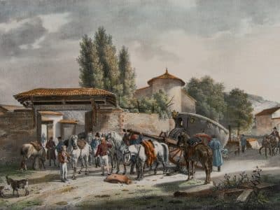 Malle-poste au relais, 1805, Victor-Jean Adam, d’après Jean-Antoine Duclaux 1817 – Lithographie Victor-Jean Adam | Domaine public