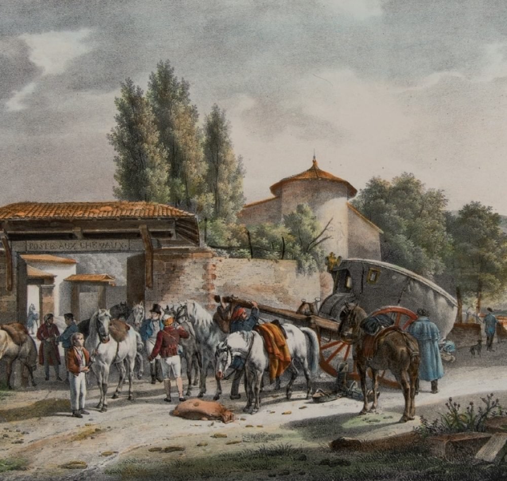 Malle-poste au relais, 1805, Victor-Jean Adam, d’après Jean-Antoine Duclaux 1817 – Lithographie Victor-Jean Adam | Domaine public