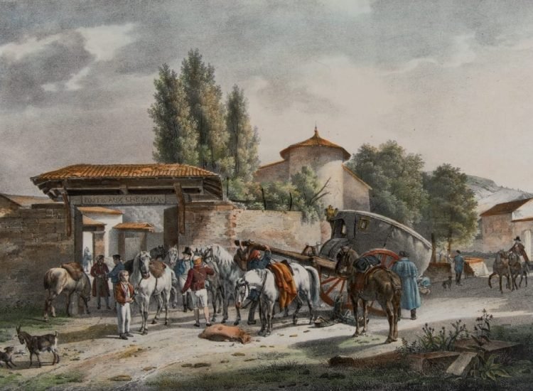 Malle-poste au relais, 1805, Victor-Jean Adam, d’après Jean-Antoine Duclaux 1817 – Lithographie Victor-Jean Adam | Domaine public