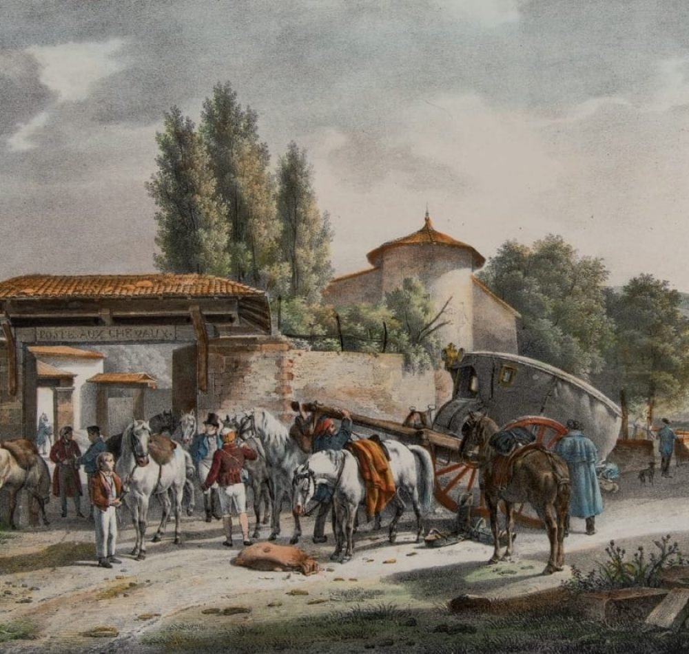 Malle-poste au relais, 1805, Victor-Jean Adam, d’après Jean-Antoine Duclaux 1817 – Lithographie Victor-Jean Adam | Domaine public