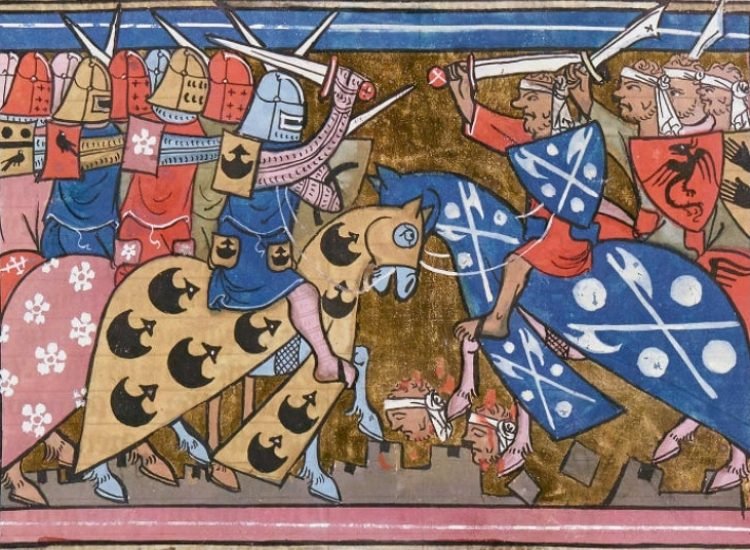 Miniature d'un manuscrit enluminé représentant un combat de la deuxième croisade de Louis VII, venu à l'aide du roi de Jérusalem Baudoin III contre les armées arabes, au milieu du XIIe siècle - Guillaume de Tyr, Histoire d'Outremer, XIVe siècle [BnF, département des Manuscrits] | Domaine public
