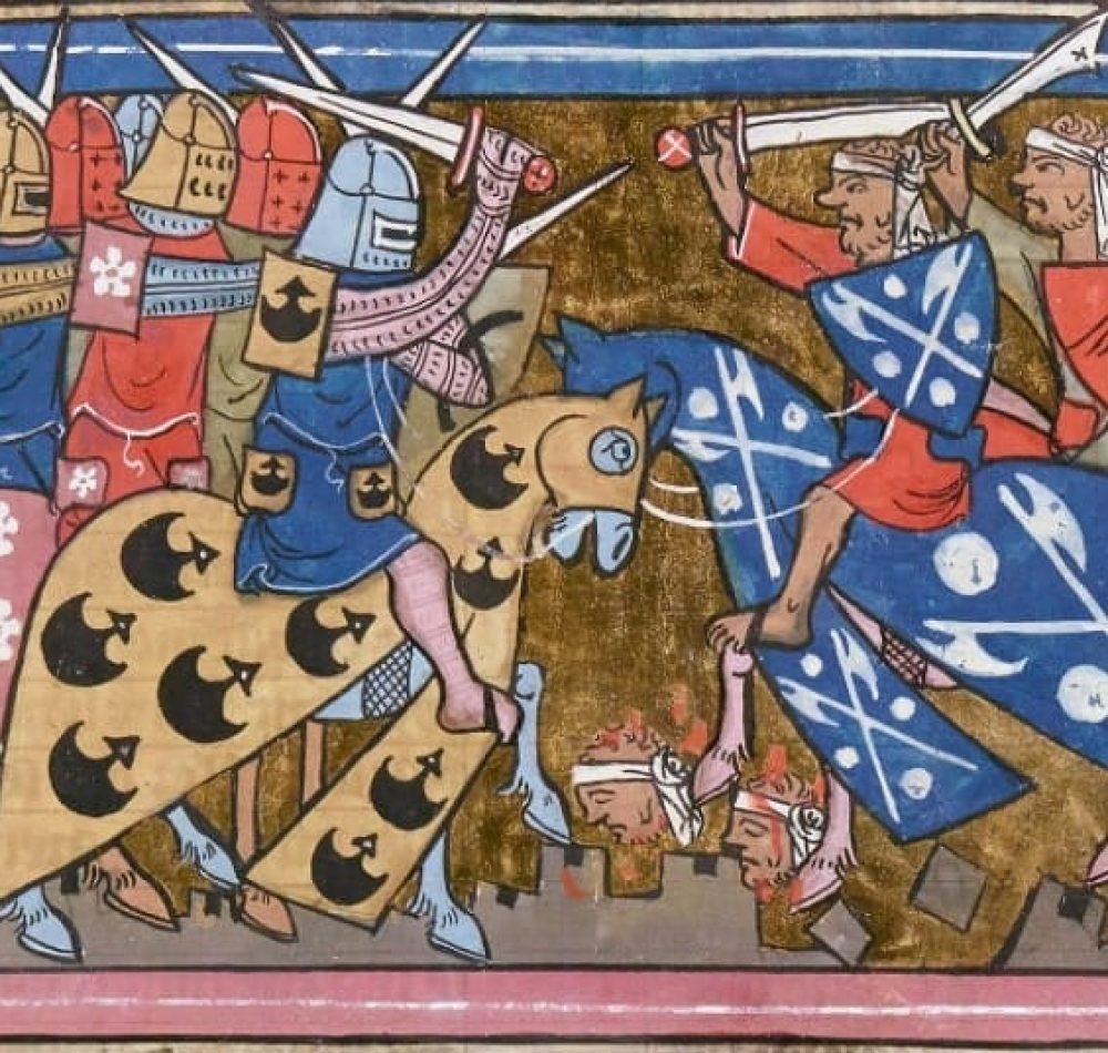Miniature d'un manuscrit enluminé représentant un combat de la deuxième croisade de Louis VII, venu à l'aide du roi de Jérusalem Baudoin III contre les armées arabes, au milieu du XIIe siècle - Guillaume de Tyr, Histoire d'Outremer, XIVe siècle [BnF, département des Manuscrits] | Domaine public