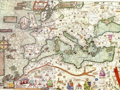 Atlas catalan (1375) : reconstitution de la partie occidentale de la carte, copie du XX° siècle - Reproduction de l'Atlas catalan du XXe siècle | Domaine public