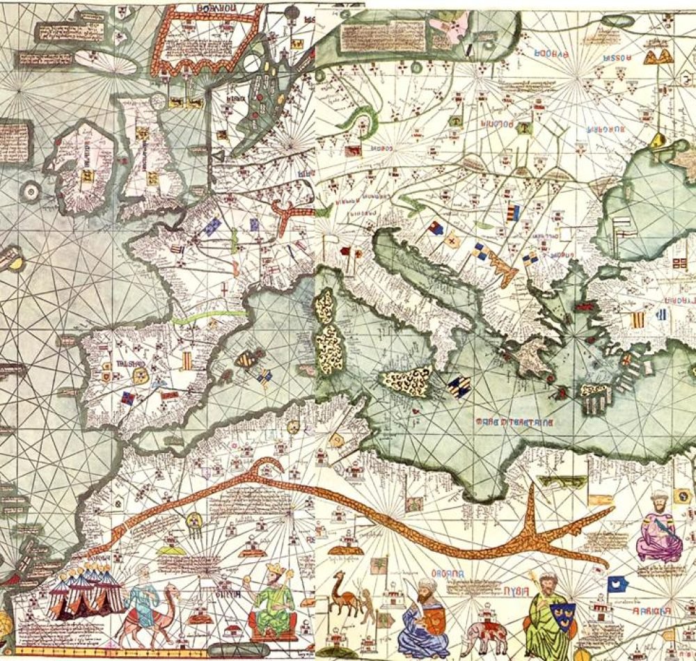 Atlas catalan (1375) : reconstitution de la partie occidentale de la carte, copie du XX° siècle - Reproduction de l'Atlas catalan du XXe siècle | Domaine public