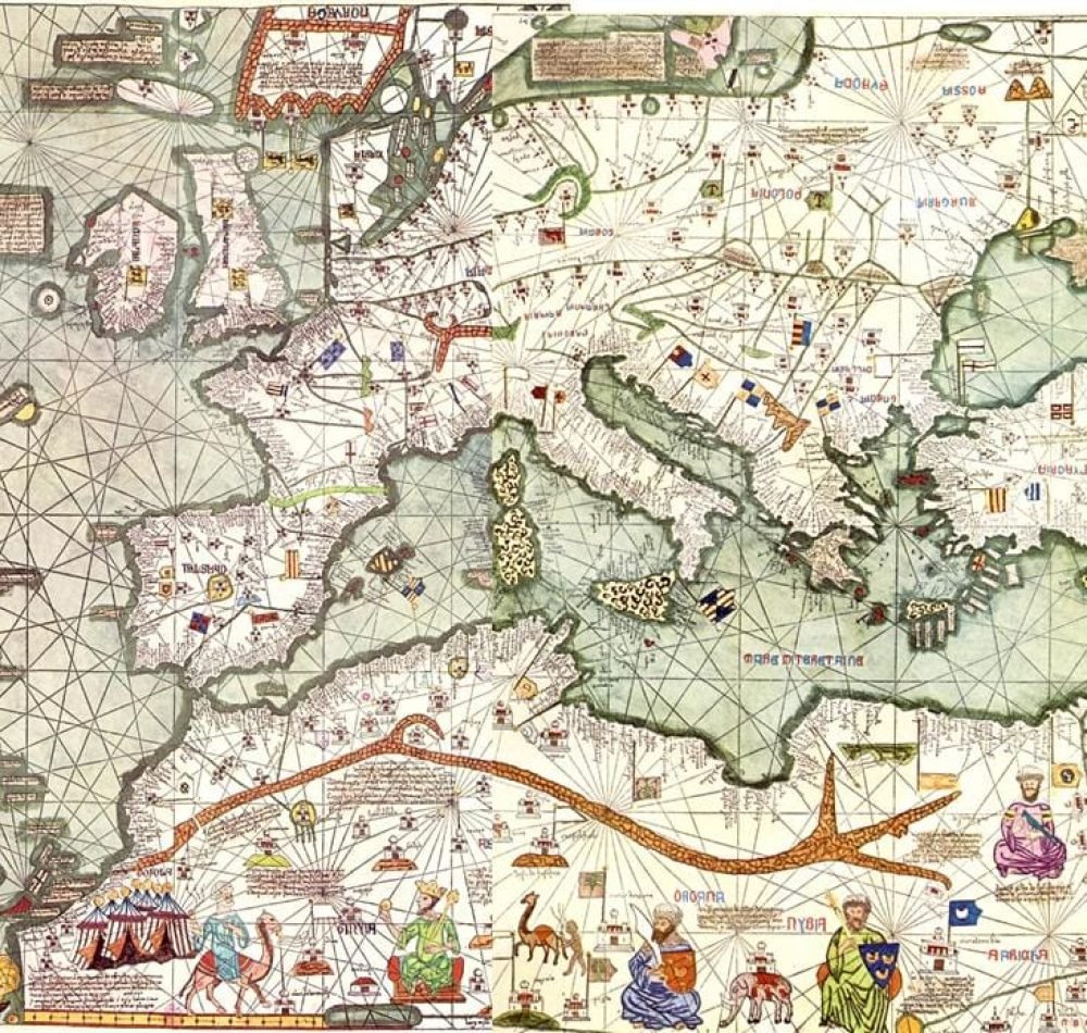 Atlas catalan (1375) : reconstitution de la partie occidentale de la carte, copie du XX° siècle - Reproduction de l'Atlas catalan du XXe siècle | Domaine public