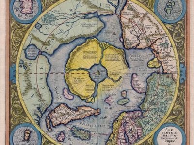 Sur cette carte Mercator du pôle Nord, Frisland apparaît dans un encart en haut à gauche - Gerardus Mercator, avec ajout de données provenant des voyages de Willem Barentsz | Domaine public