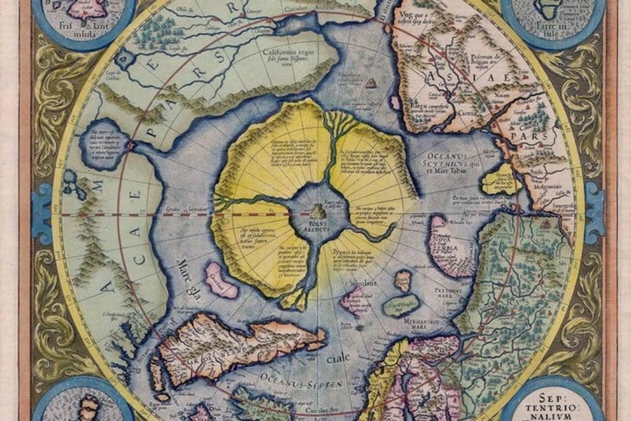 Sur cette carte Mercator du pôle Nord, Frisland apparaît dans un encart en haut à gauche
