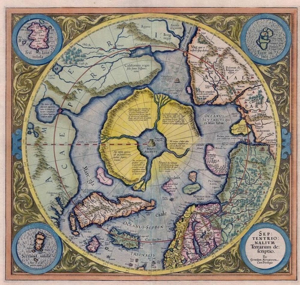 Sur cette carte Mercator du pôle Nord, Frisland apparaît dans un encart en haut à gauche - Gerardus Mercator, avec ajout de données provenant des voyages de Willem Barentsz | Domaine public