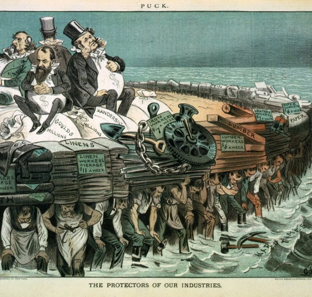 Caricature "Protectors of our industries" représentant Cyrus Field, Jay Gould, William H. Vanderbilt, and Russell Sage