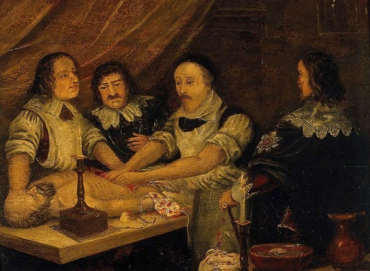 L'huile sur toile "William Harvey disséquant le corps de Thomas Parr" (alias Old Tom Parr), vers 1900 - Auteur inconnu, Wellcome Library (Londres) I Licence CC BY 4.0