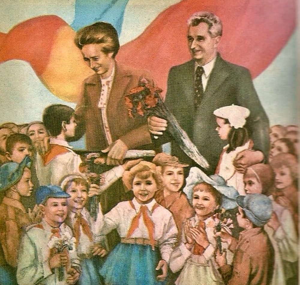 Peinture de propagande à l'effigie de Ceausescu et de sa femme (1980) - Constantin Nitescu | Domaine public