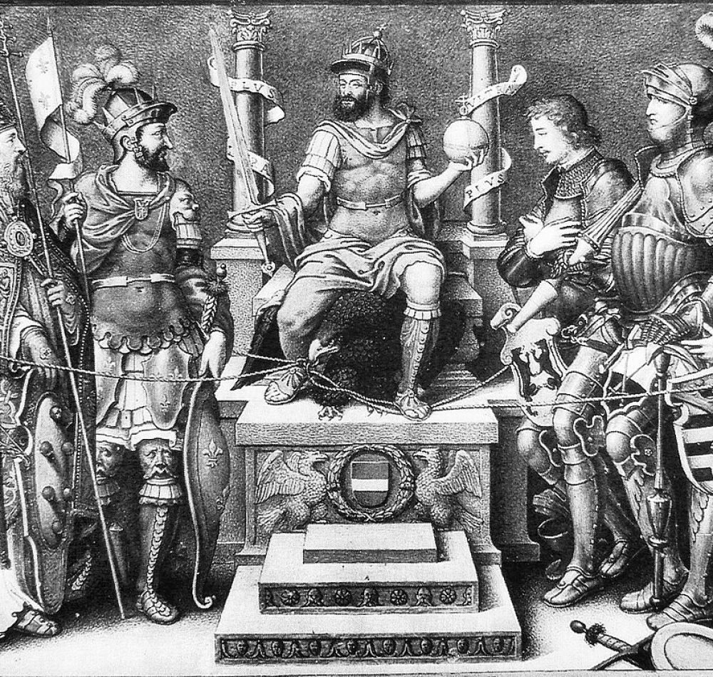 Charles Quint trônant sur ses ennemis vaincus (de gauche à droite) : le sultan Soliman, le pape Clément VII, François Ier, le duc de Clèves, le duc de Saxe et le landgrave de Hesse. - Simonzio Lupi / Domaine public
