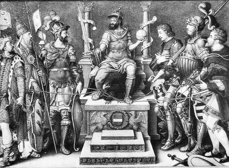 Charles Quint trônant sur ses ennemis vaincus (de gauche à droite) : le sultan Soliman, le pape Clément VII, François Ier, le duc de Clèves, le duc de Saxe et le landgrave de Hesse. - Simonzio Lupi / Domaine public